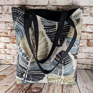 Black Canvas Tote Bag is Reversible with Gray Blue Tan Leaf Design on Other Side